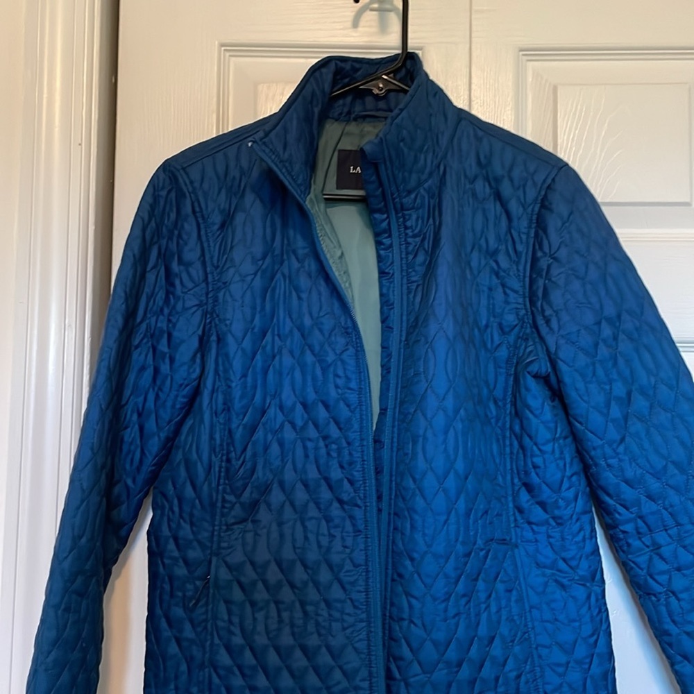 Lands’End sz S quilted deep teal jacket front pockets zip front adjustable waist